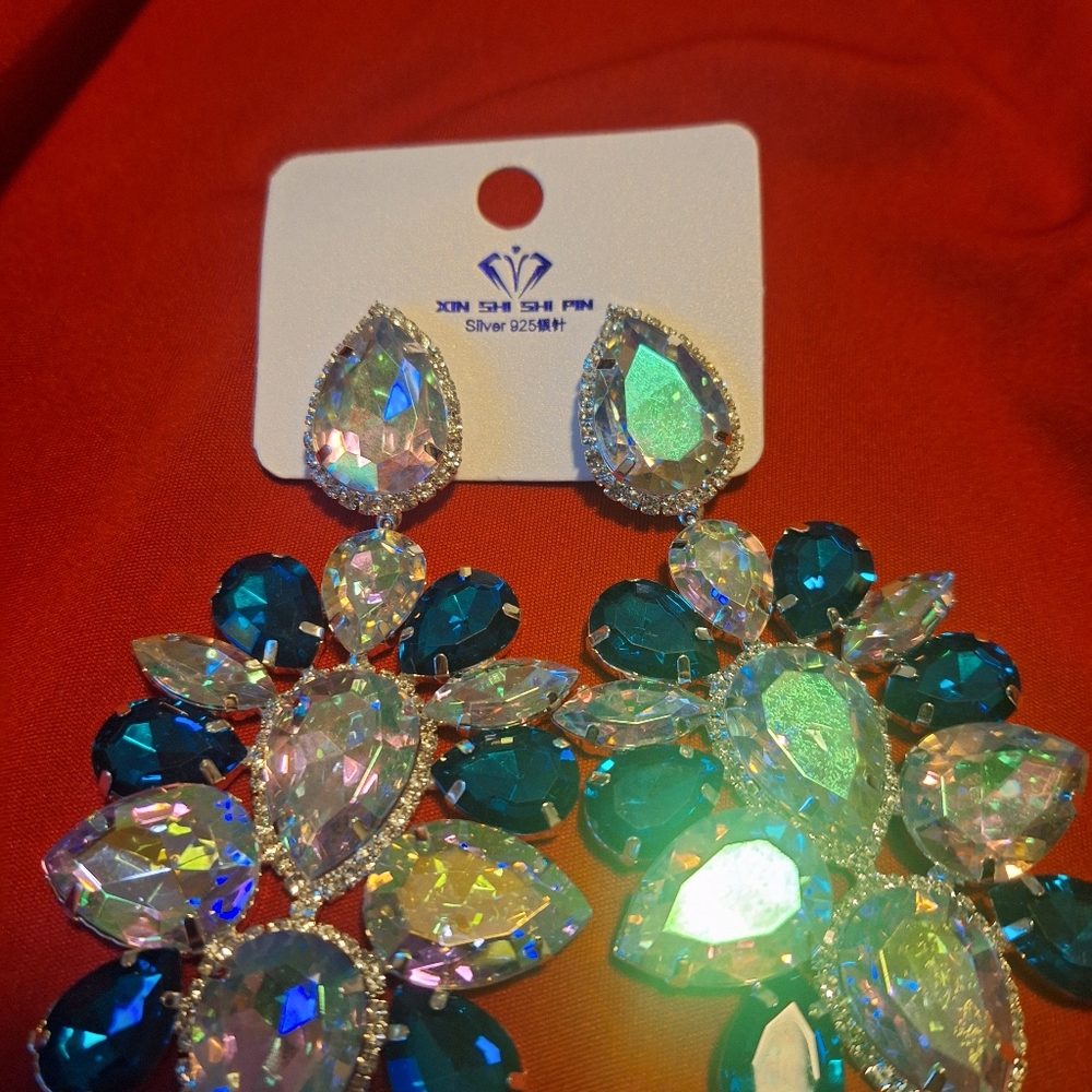 Teal and ab stone Statement earrings